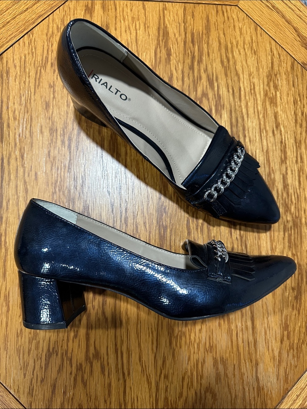 *RIALTO* Blue x Silver Chain Marshall Low Block Heels Size 10